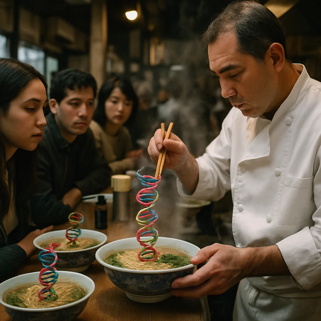 ラーメン店のカウンターでDNAのような麺を調理する店主と、その様子を興味深そうに見つめる客たちの写真。