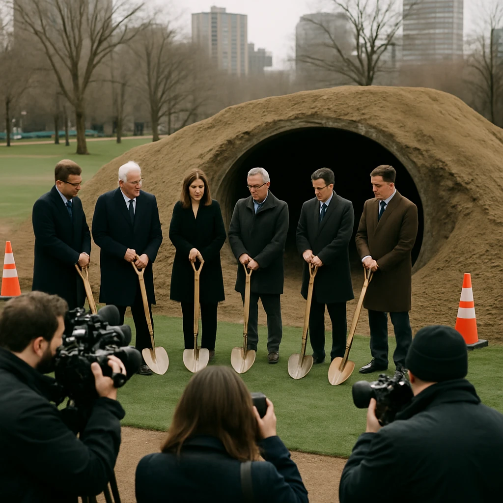 都市公園で関係者と報道陣が集まるなか、巨大な掘削跡と仮設芝生が見られる起工式の様子。