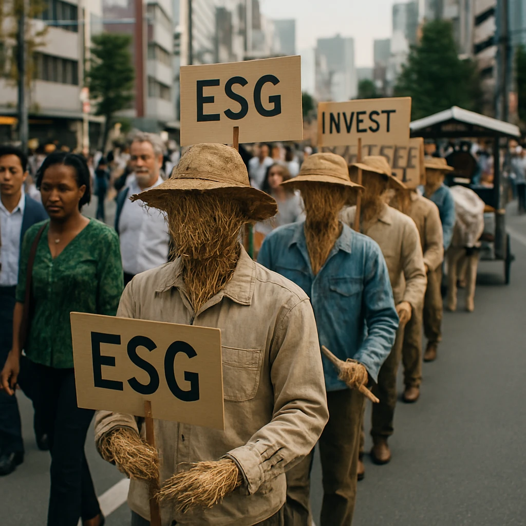 東京の大通りを行進する竹馬に乗ったストローと古着のカカシたちと、環境パレードの様子。