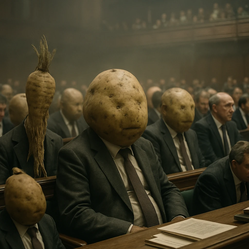 議場の席に巨大なじゃがいもや根菜がスーツ姿で座っている実写風写真。