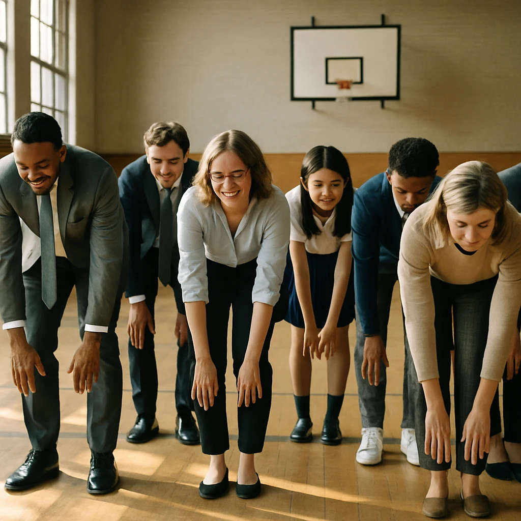 学校の体育館でスーツ姿の大人と制服姿の生徒たちが一斉に前屈している様子の実写写真です。