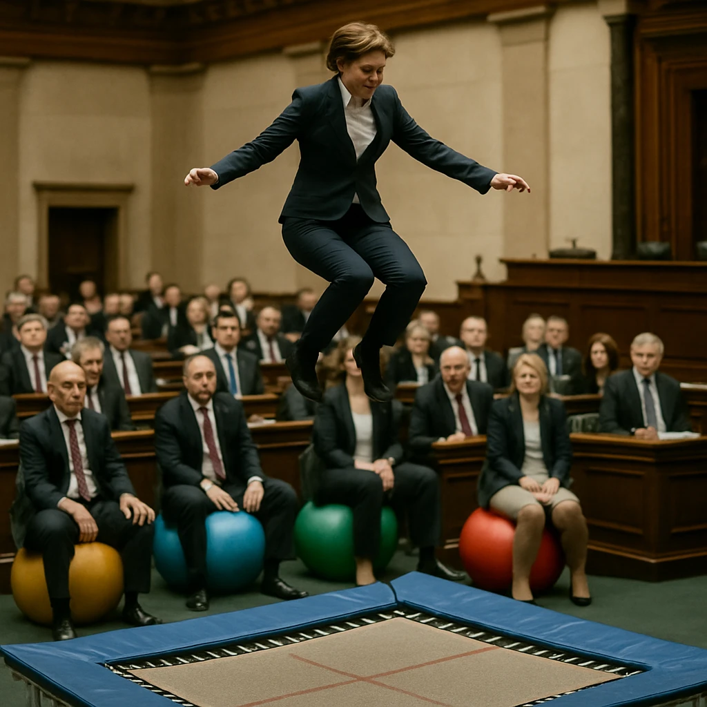 国会議事堂の議場で、スーツ姿の中年女性がトランポリンでジャンプしている瞬間を議員たちが見守っている写真。