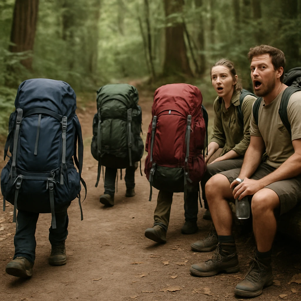 登山道で自立して歩く複数のバックパックと、それを驚いて見つめる登山者たちの様子。