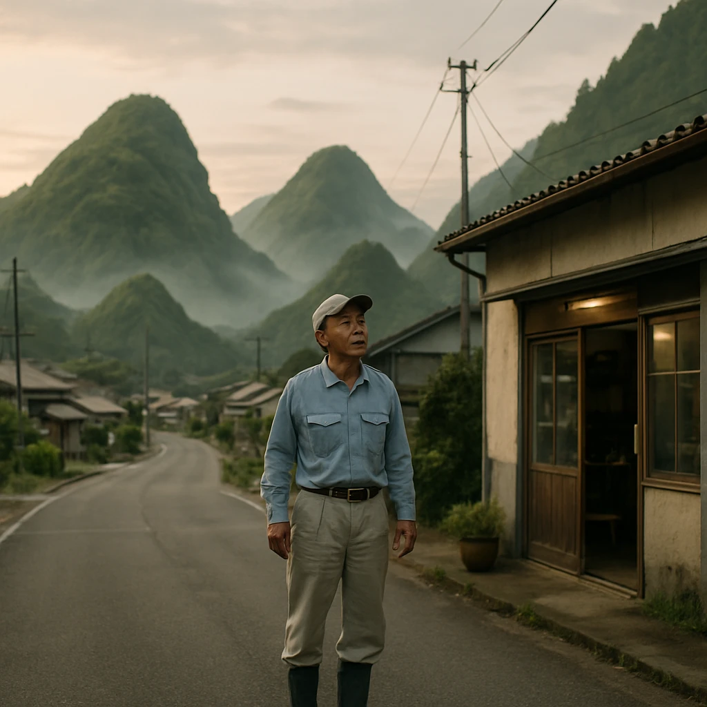 山々が動いているように見える早朝の村と驚く男性の写真。