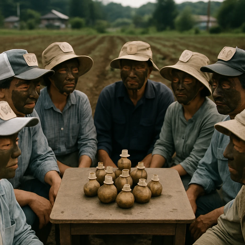 じゃがいも畑の中央で、町民が泥パック顔と名札付き帽子姿で集まり、中央には帽子をかぶった本物のじゃがいもが並べられている様子の写真。