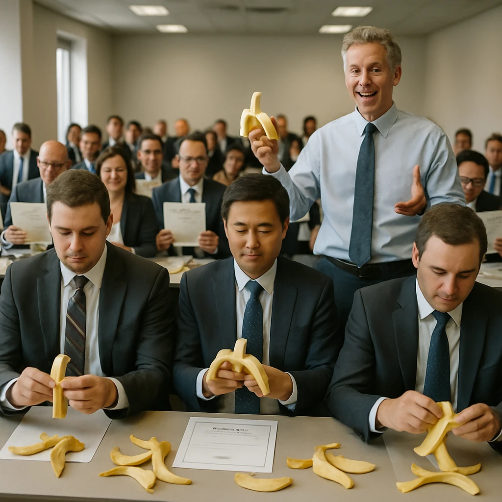 企業研修室でスーツ姿のビジネスパーソンたちが講師の指導のもとバナナを熱心にむいている様子。