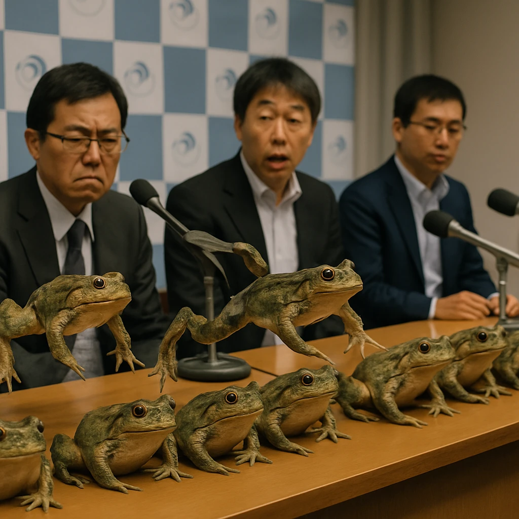 気象庁の記者会見の壇上に並ぶ大きなカエルたちと困惑する職員が写る実写写真。