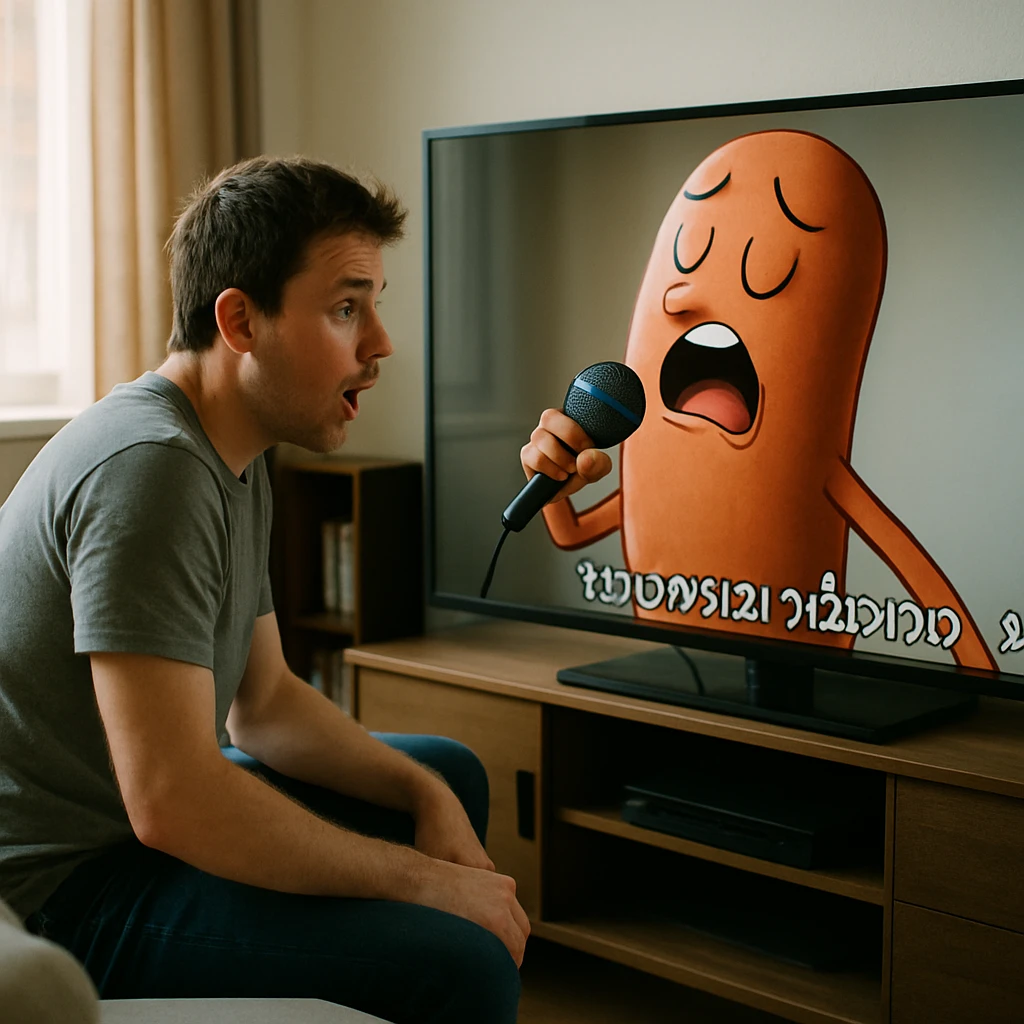 リビングのソファに座った人が、テレビに映る大きなソーセージキャラクターの熱唱と謎の歌詞に驚いている様子の実写風写真