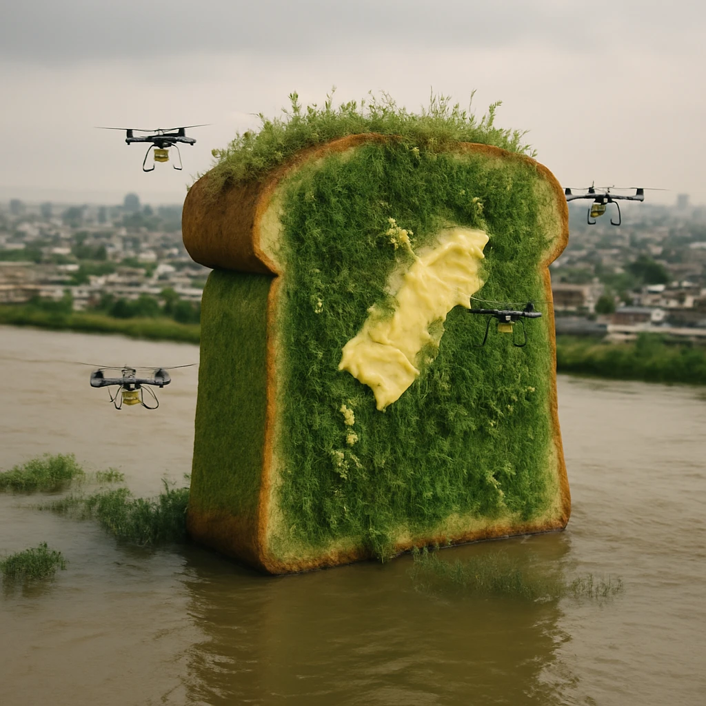 巨大なトースト型のインフラが都市平野の水を吸収し、表面には植物が芽生え、調理用ドローンがパンにバターのようなものを塗っている様子の写真。