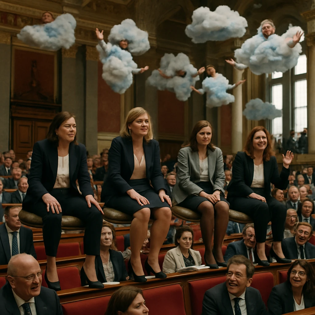 国会議場で浮遊する座布団に乗った女性議員たちと、それを見上げる議員や天井付近のクラウドロビー団体が映る一瞬を写した写真。