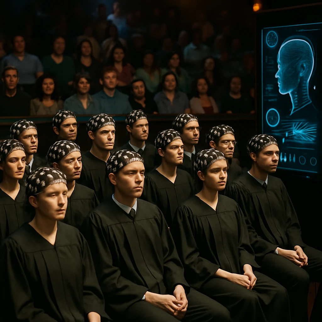 カラオケ大会のステージで脳波キャップをかぶった合唱団が静かに座り、観客とAI審査パネルが見守る様子の写真。