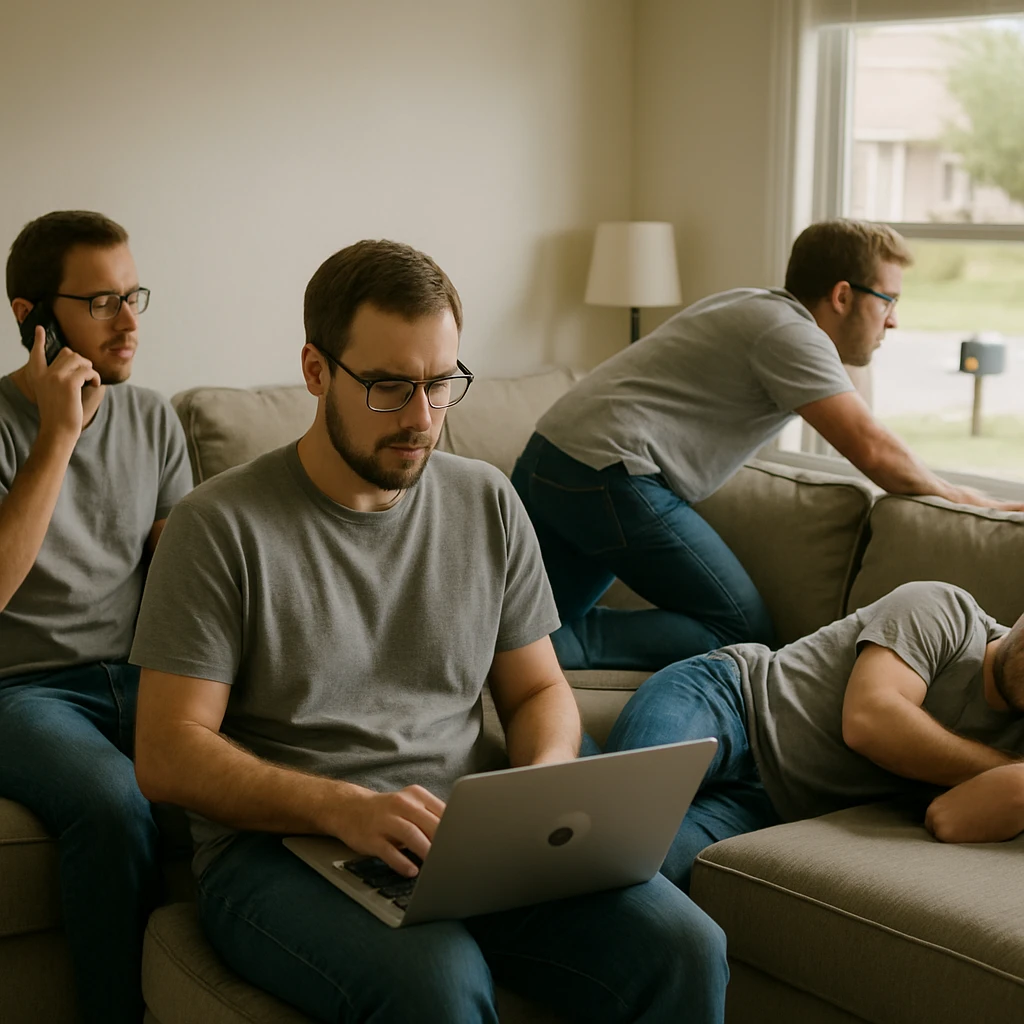 自宅のソファに同じ人物が4人分裂し、それぞれ異なる業務や休憩をしている様子の写真風画像。