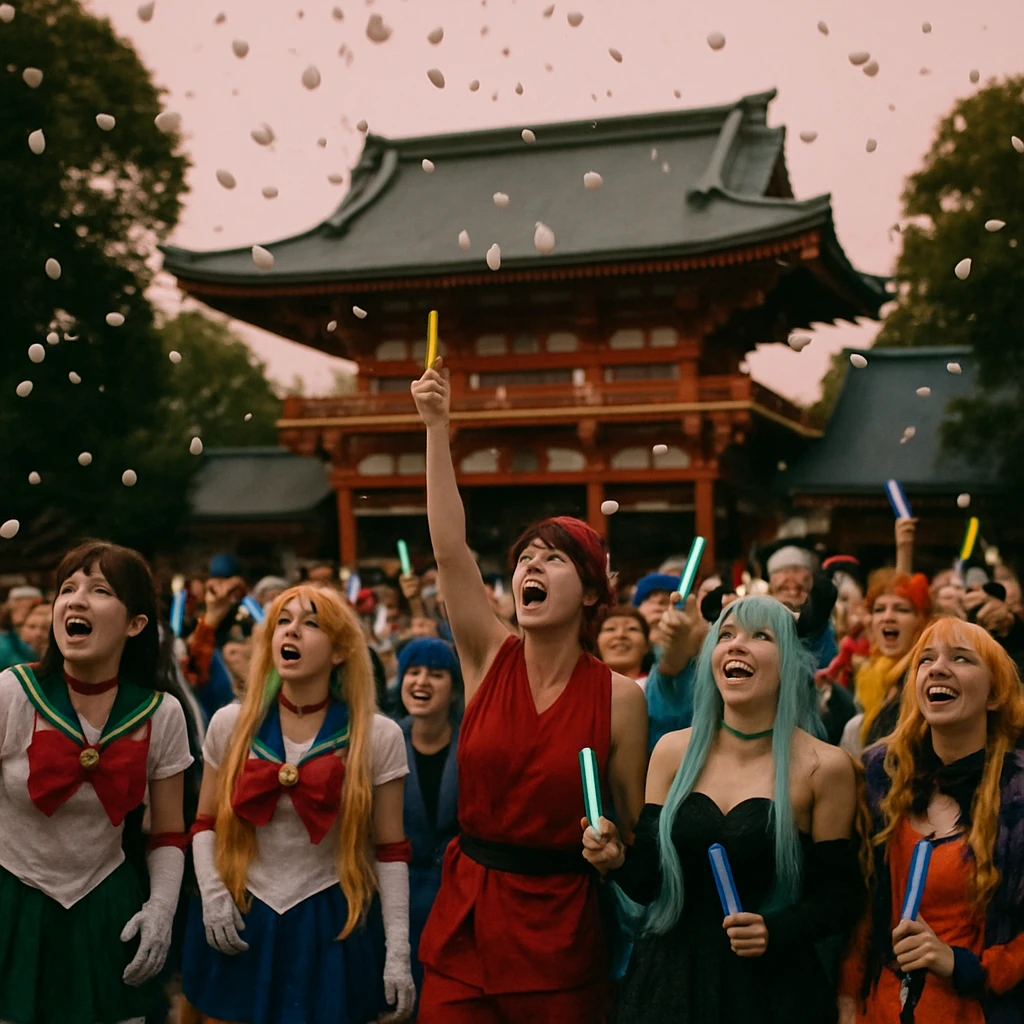 コスプレ衣装の人々が神社の前で空から降る無数の小さな餅を見上げている様子の写真。