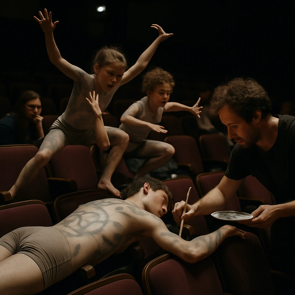 俳優が巨大化して横たわる舞台装置となり、その上で他の俳優が演技する劇場内の様子の写真。