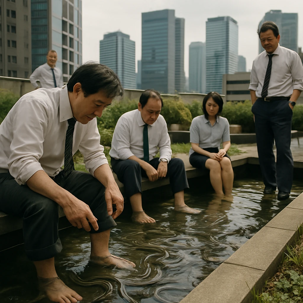 日本のオフィスビル屋上に設置されたウナギ池で、スーツ姿の中高年社員たちがウナギに囲まれて座ったり観察したりしている様子。