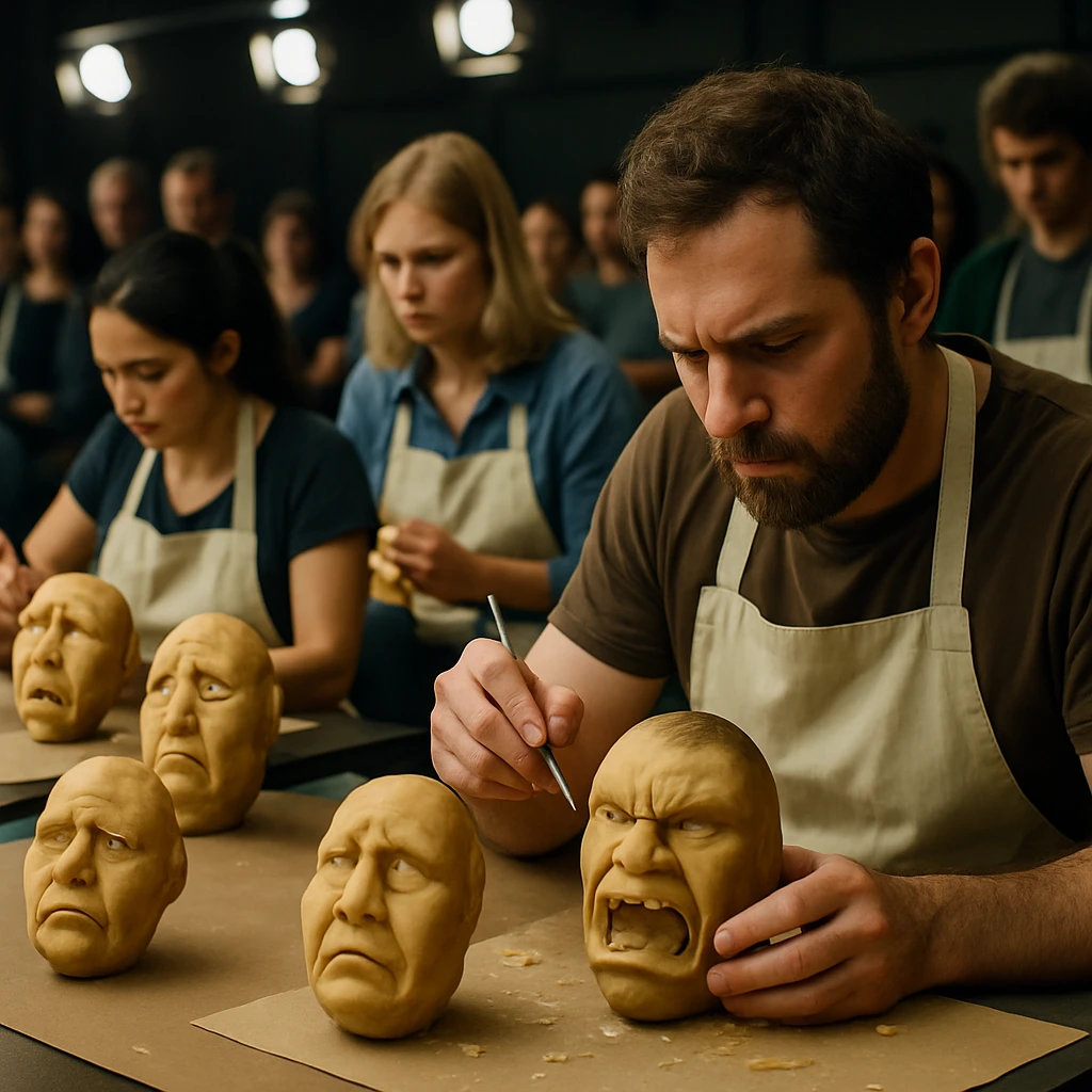 複数の参加者が作業台で表情豊かな人型のじゃがいもを集中して彫刻している様子の写真。