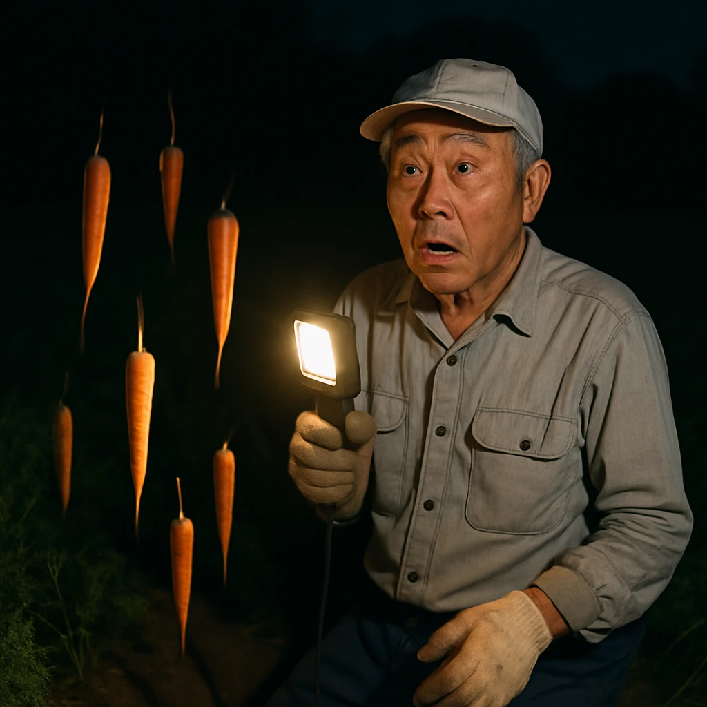 夜の畑で業務用ライトを持つ高齢の男性農家が驚いた様子で立ち、畑中に立ち上がったニンジンが不自然に直立している様子を捉えた写真。