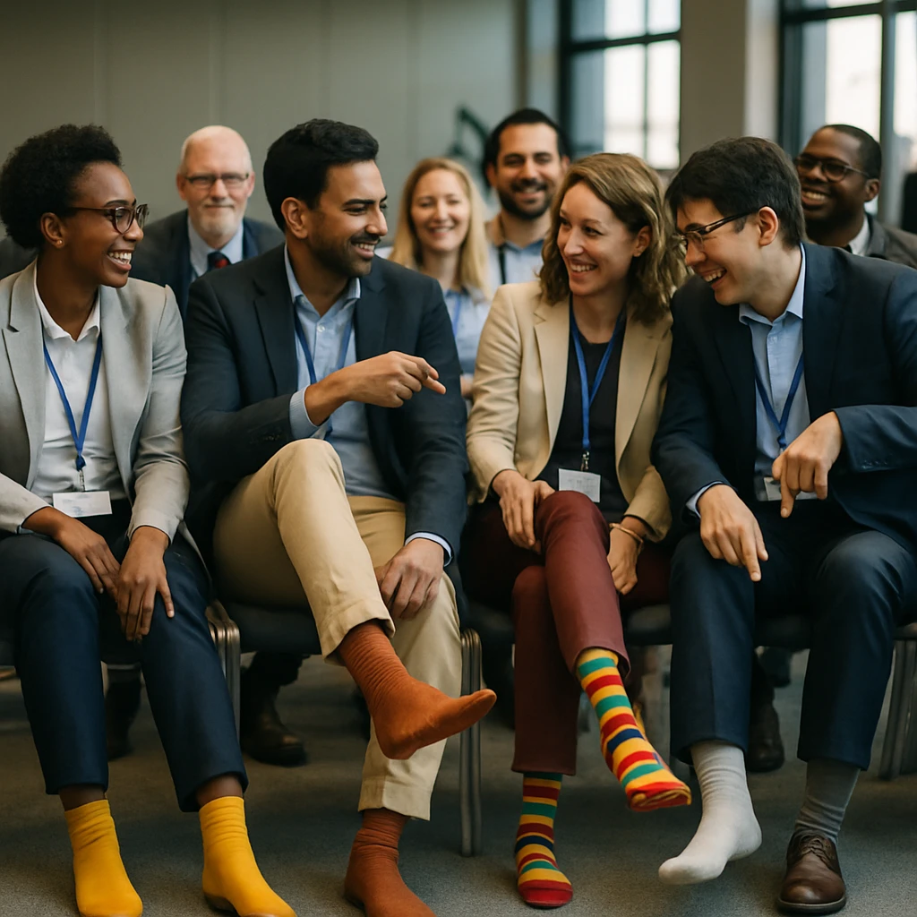 国際会議場で参加者たちが左右違う靴下を履き、談笑したり靴下を見せ合ったりしている様子のリアルな写真。