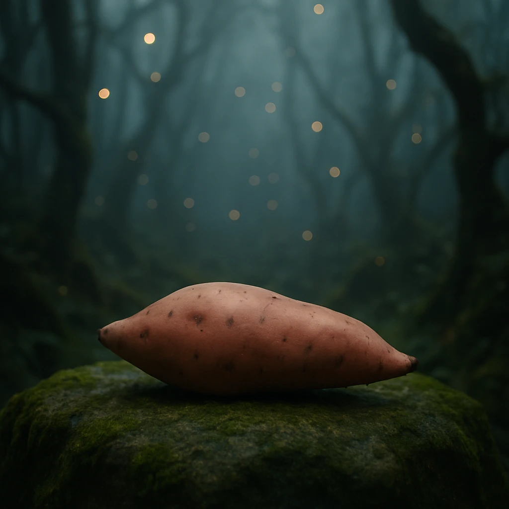 異世界の森で苔むした岩の上に1つだけサツマイモが置かれている写真。