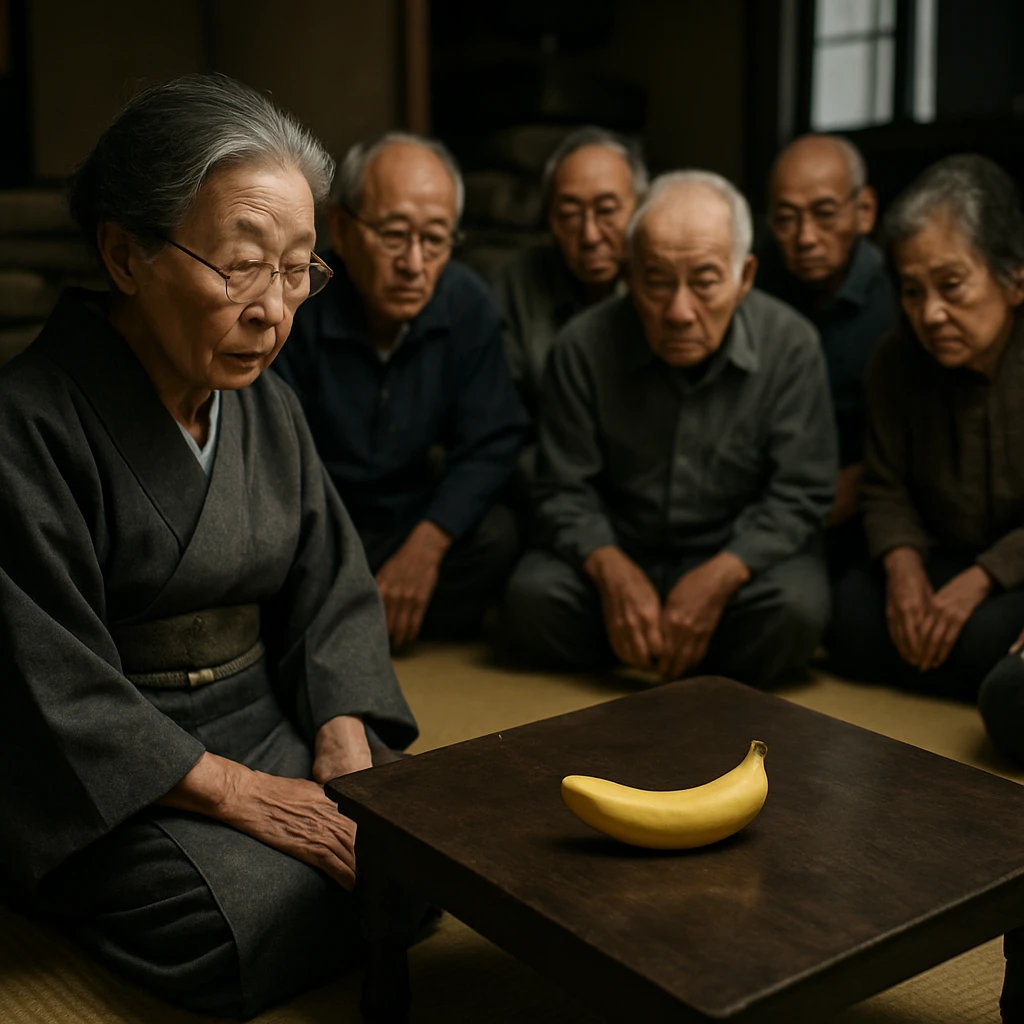 和室で複数の高齢者がカーペットに囲まれ、中央のテーブル上に置かれたバナナを真剣に見つめている様子の写真。