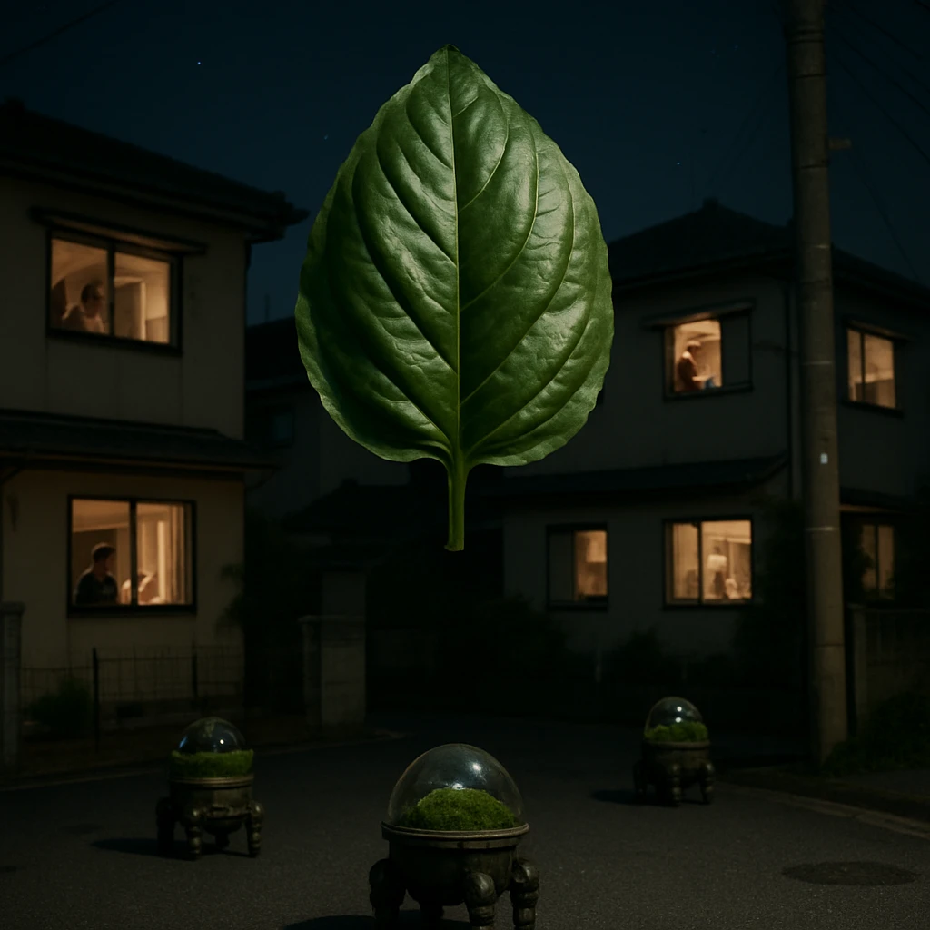 夜の住宅街の上空に巨大なバジルの葉が浮かび、住民が窓から見上げ、下には苔テラリウム型の小さなロボットが集まっている様子。