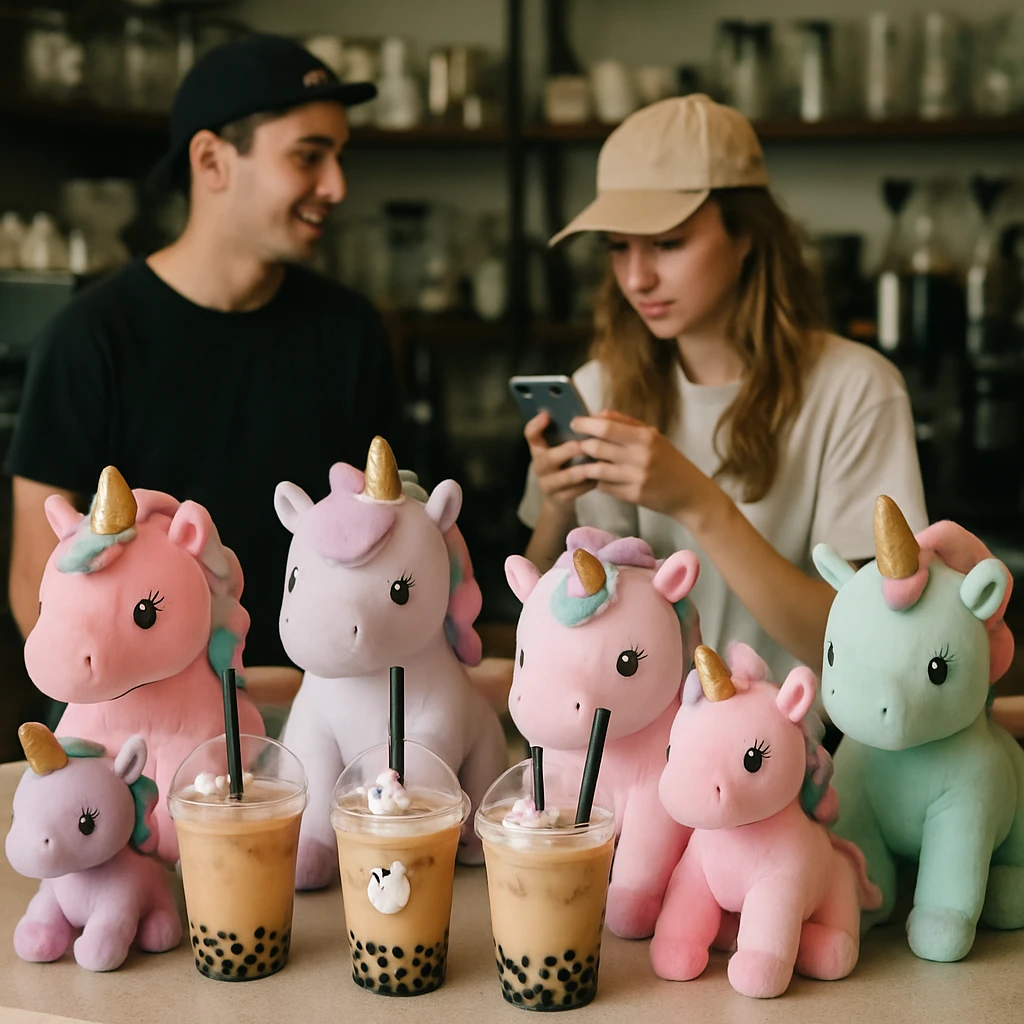 カフェカウンターに並ぶタピオカミルクティーのグラスと、溶けかけたカラフルなユニコーンのぬいぐるみ、背景で若いバリスタとインフルエンサーが話している様子。