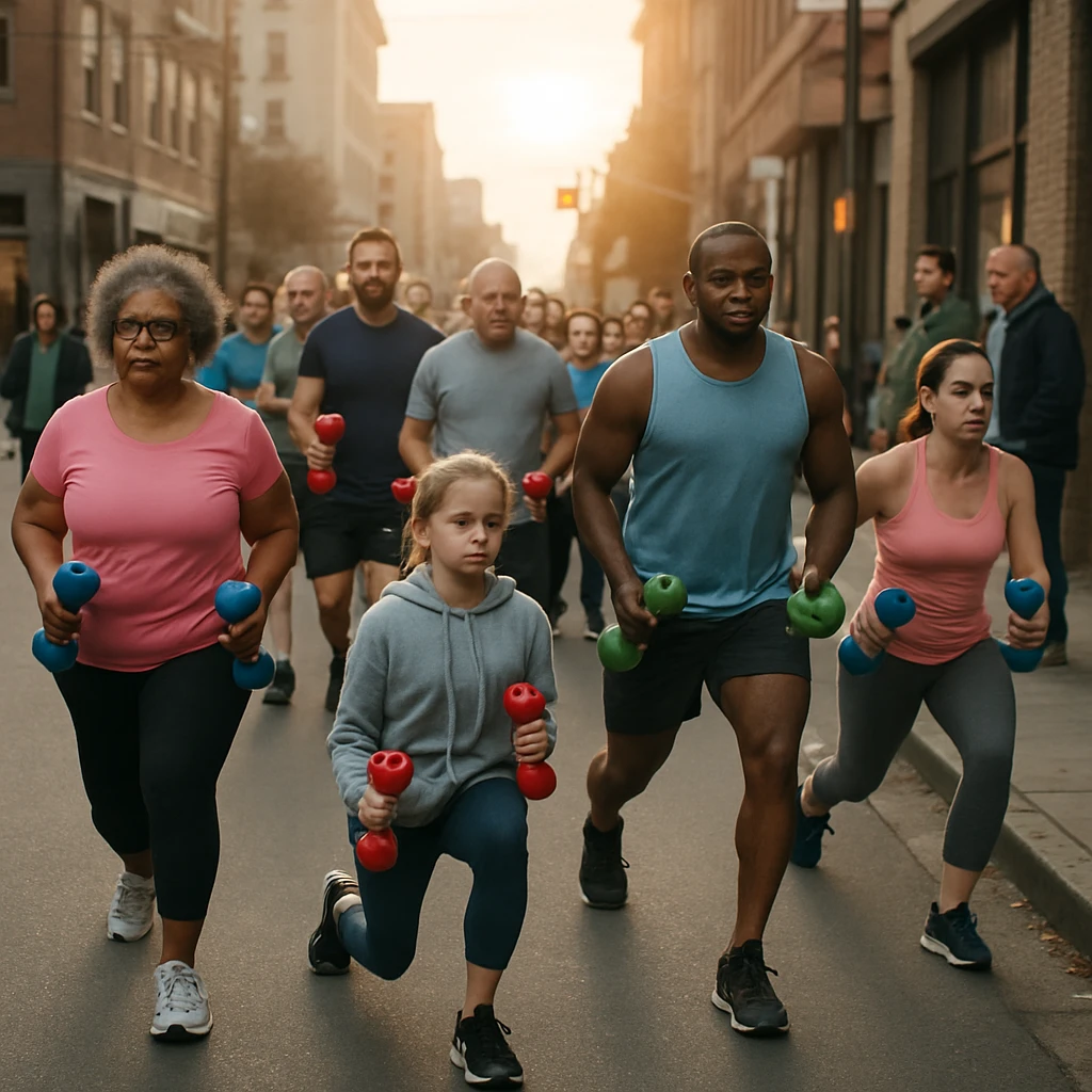 早朝の都市の街路をダンベルを持って歩く多様な年齢層の人々が色とりどりのウェアで行進している写真。