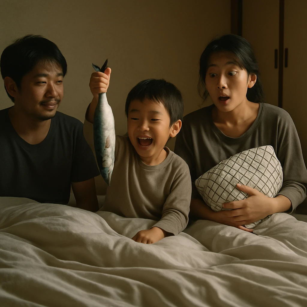 揺れる布団の上で魚を釣り上げる家族の寝室風景。