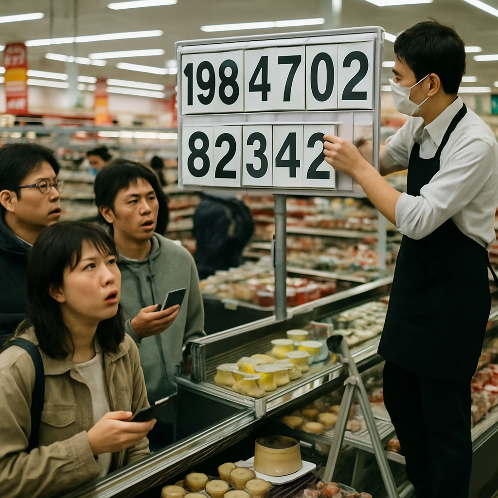 日本のスーパーマーケットのデザート売り場で、変動するプリン価格を困惑している消費者たちの様子。