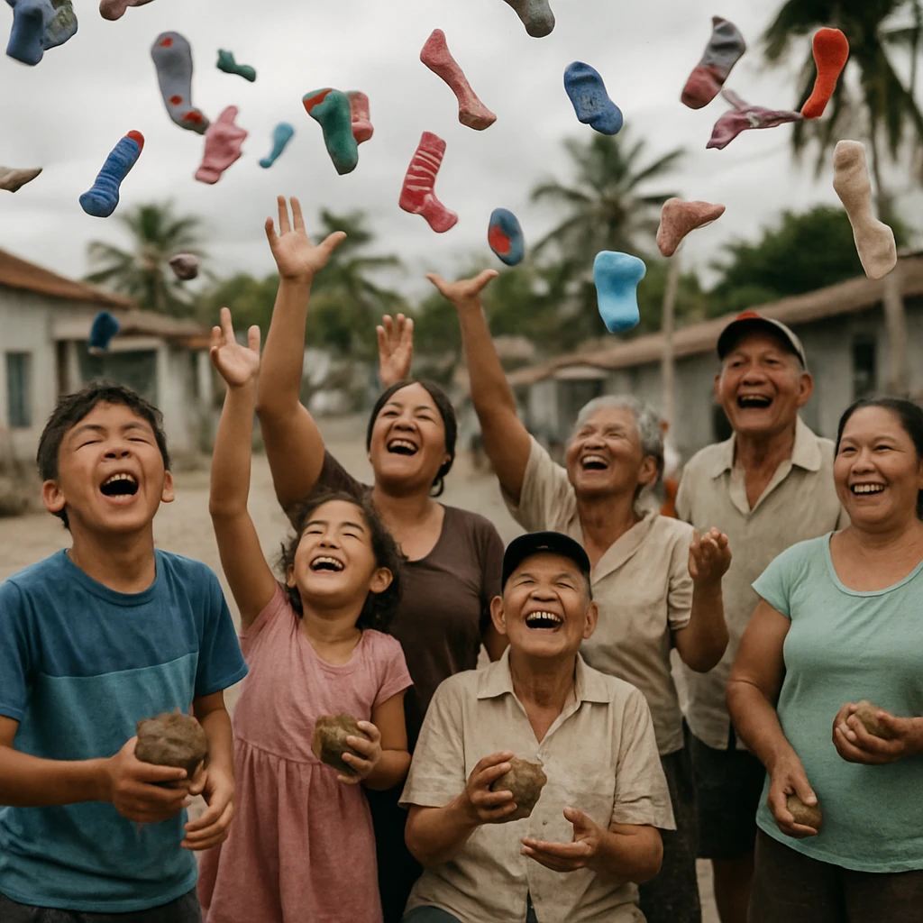 広場で多世代の島民たちが笑いながら靴下を投げ合い、何人かは泥団子を手に持っている光景。