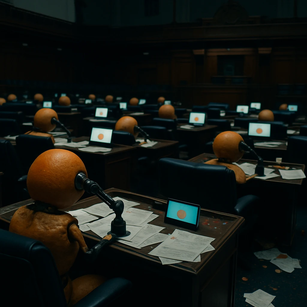 無人の議場にオレンジの皮ロボットが座り、ハンコを押している本物のような写真。