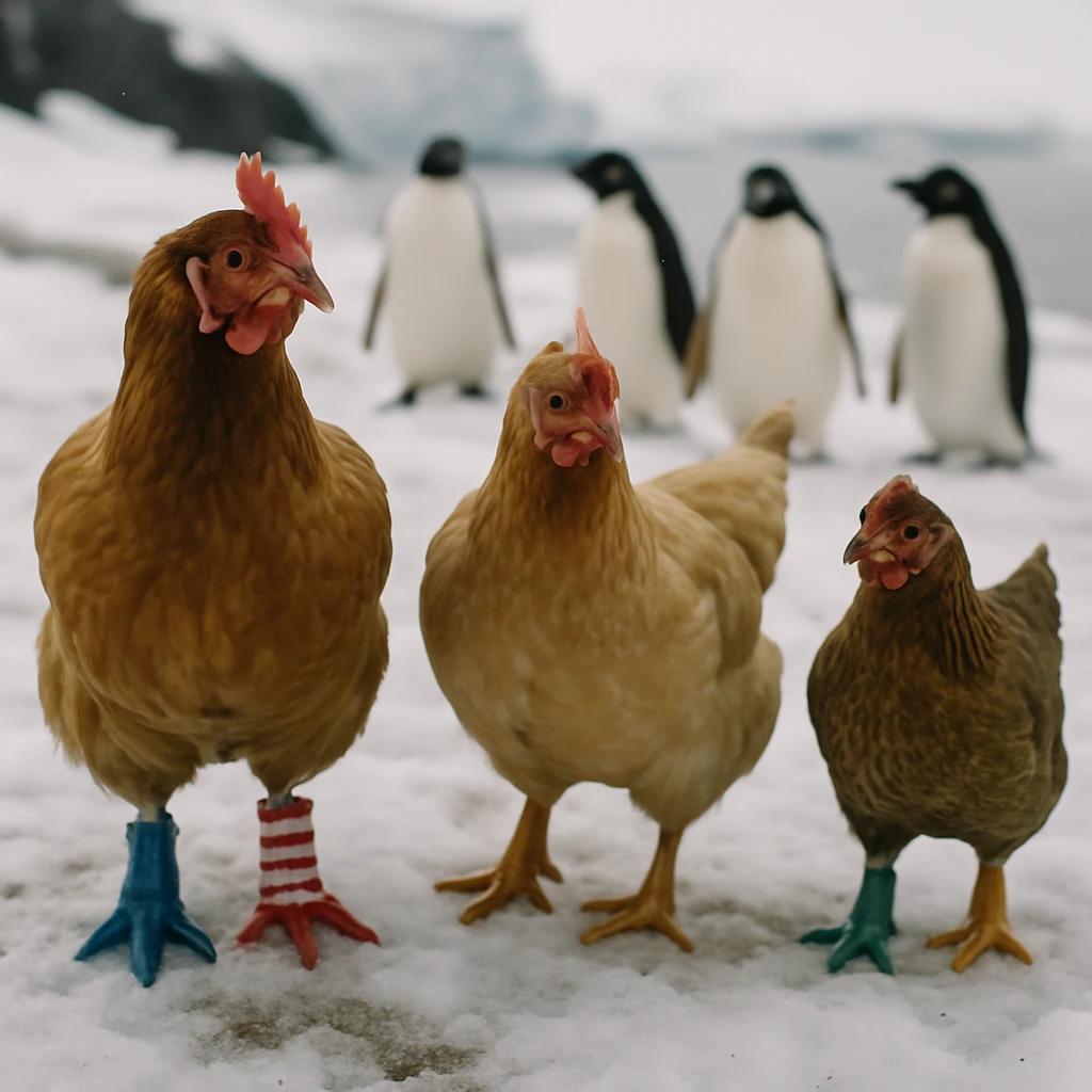 南極の雪と氷の上でカラフルな靴下を履いたニワトリたちが並び、後方でペンギンが興味深そうに見つめている写真。