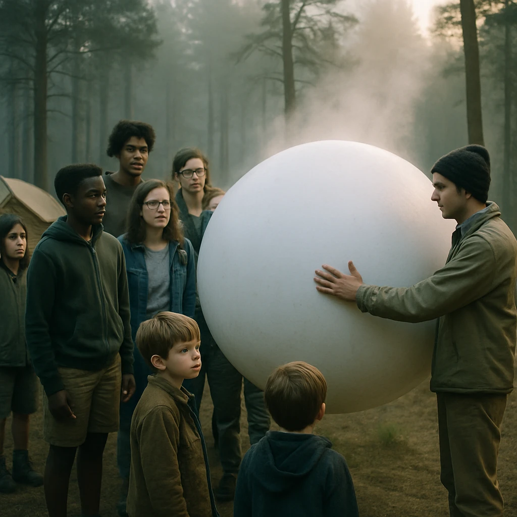 早朝の山林でキャンプの参加者たちが直径2メートルほどの巨大な白い餅を囲み、驚いた様子で観察している。