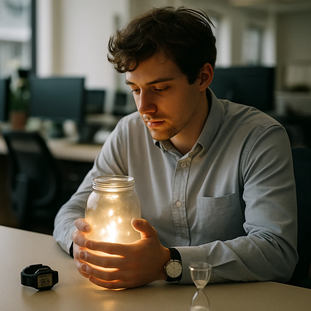 透明なガラス瓶に発光する光を蓄えた若い派遣社員がオフィスのデスクに腰掛けている写真。