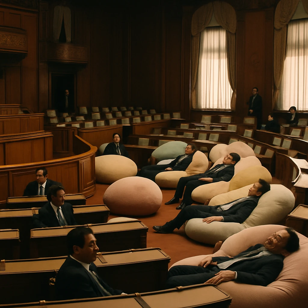 国会本会議場で、巨大なクッションに寄りかかって寛ぐ複数の議員たちの様子を自然光で写した実写写真。