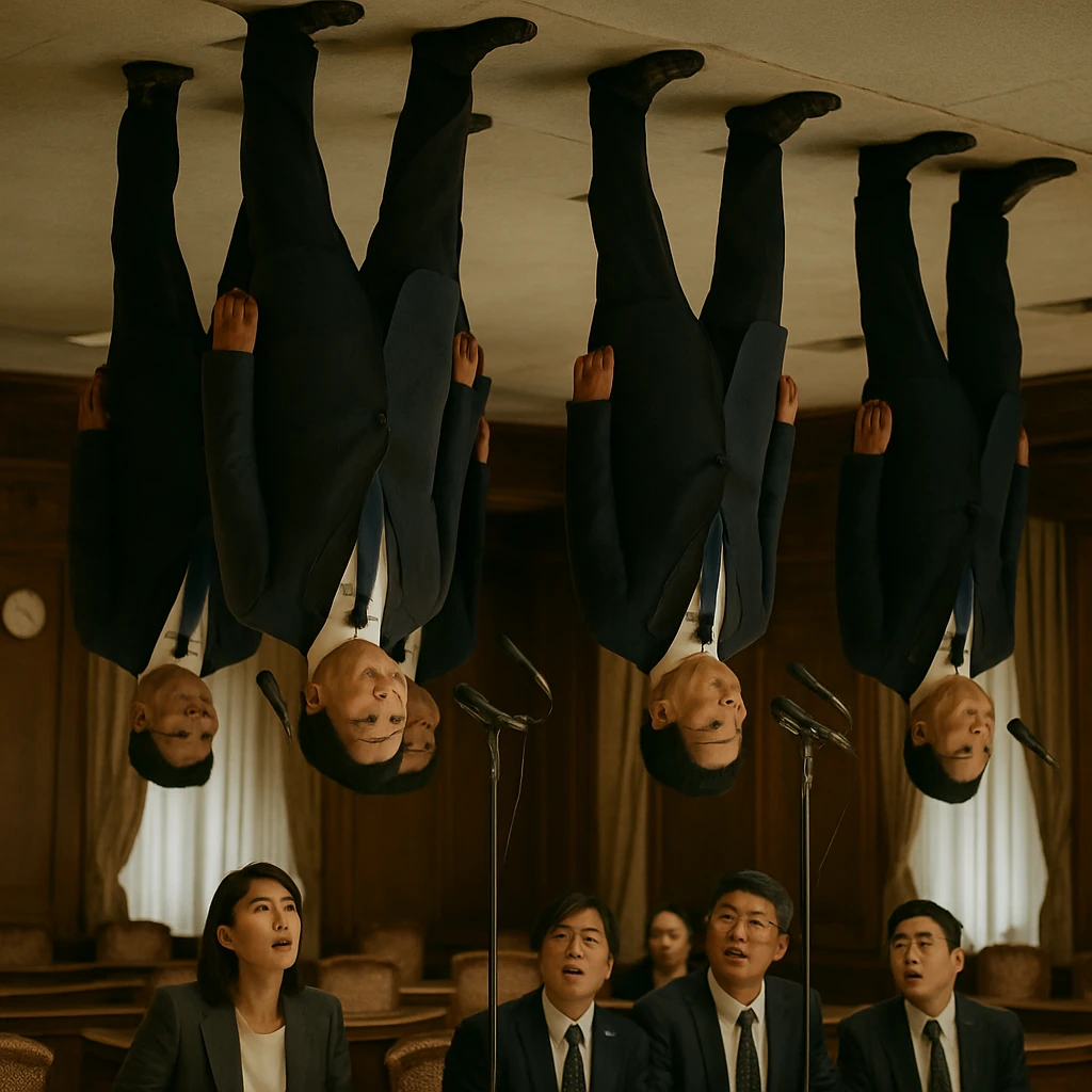 国会議事堂の天井に足をつけて逆さまに立つスーツ姿の議員たちと、それを見上げる職員たちの様子を収めた写真。