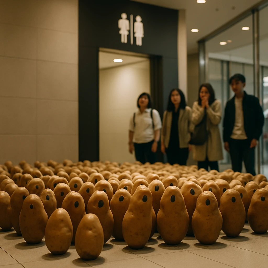 ショッピングモールのジェンダーニュートラルトイレ前に規則的に並ぶ多数の光沢のあるジャガイモと驚く買い物客が写っている写真。