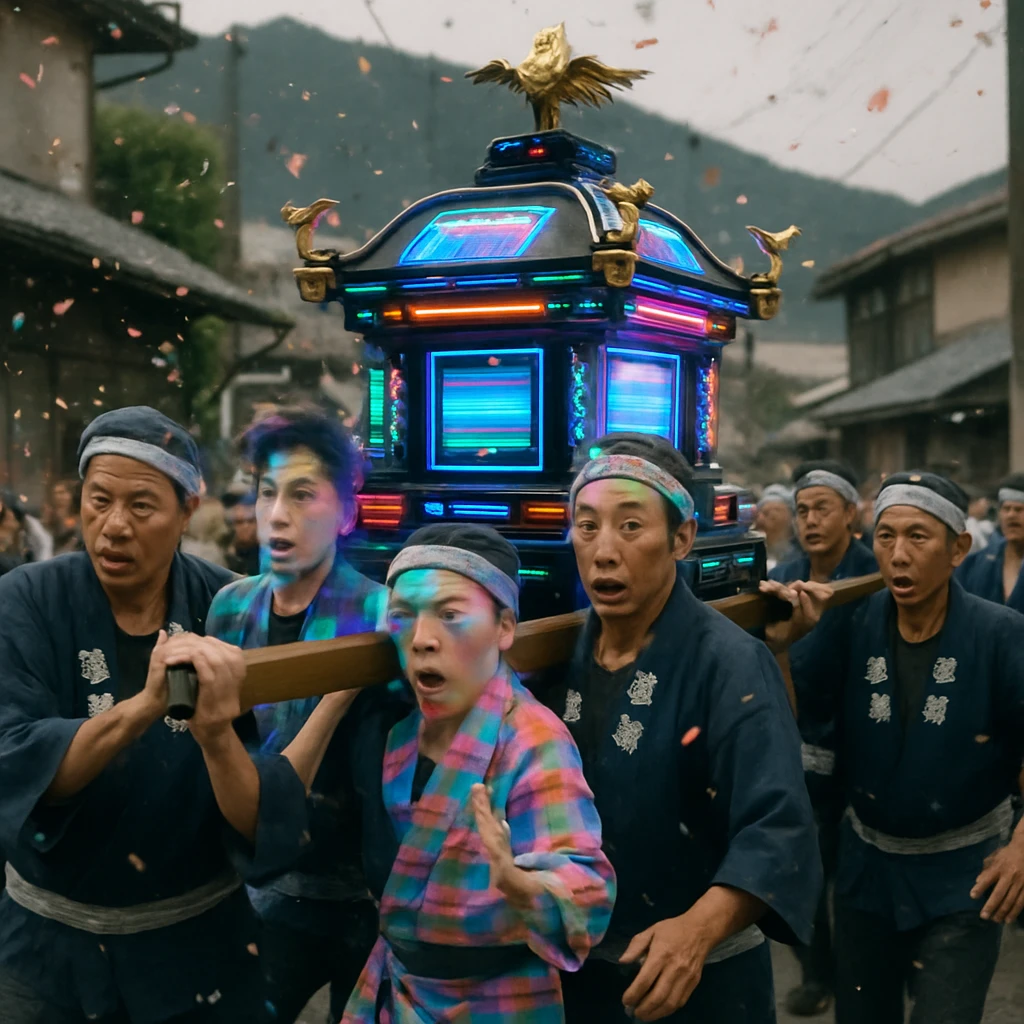 デジタル装飾が施された神輿を担ぐ町民たちが顔や体の一部をデジタルアバター風に変化させながら、紙ふぶきの舞う中で驚いた様子を見せている祭りの様子。