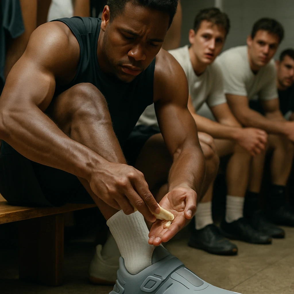 控室でベージュ色の粘液を足に塗りながらGPS搭載の未来的なシューズを履くアスリートの様子。