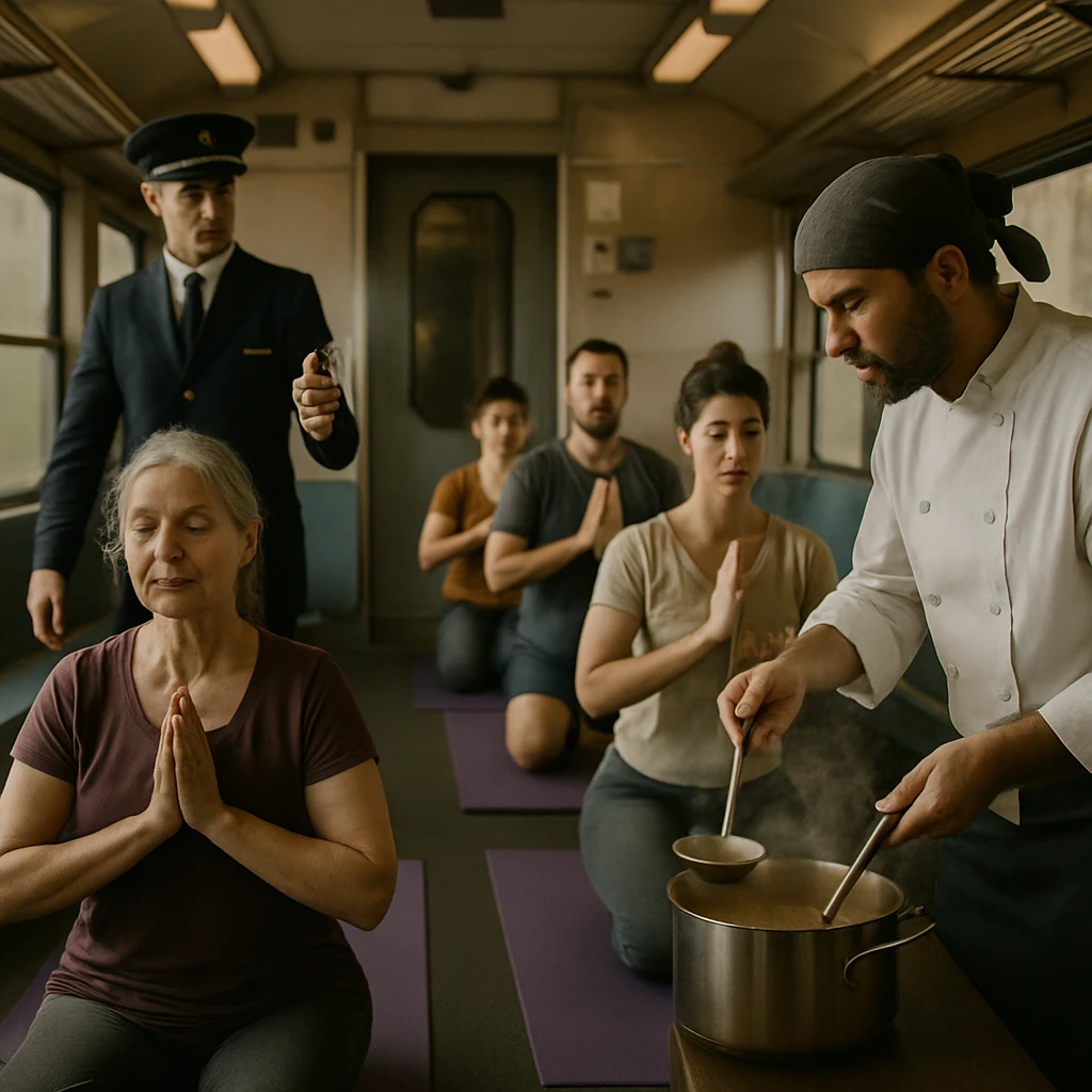 動いている列車の車内で乗客がヨガをし、アロマオイルを拡散する車掌と薬膳鍋からスープを注ぐシェフがいる様子。