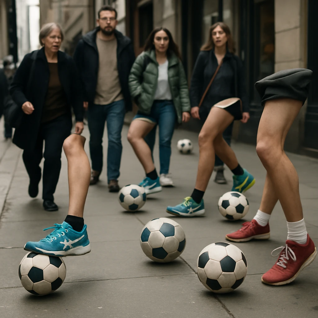 市街地の歩道で、スニーカーを履いた複数の人間の足が胴体から離れて自立し、サッカーボールをドリブルしながら歩行者の間をすり抜けている様子。