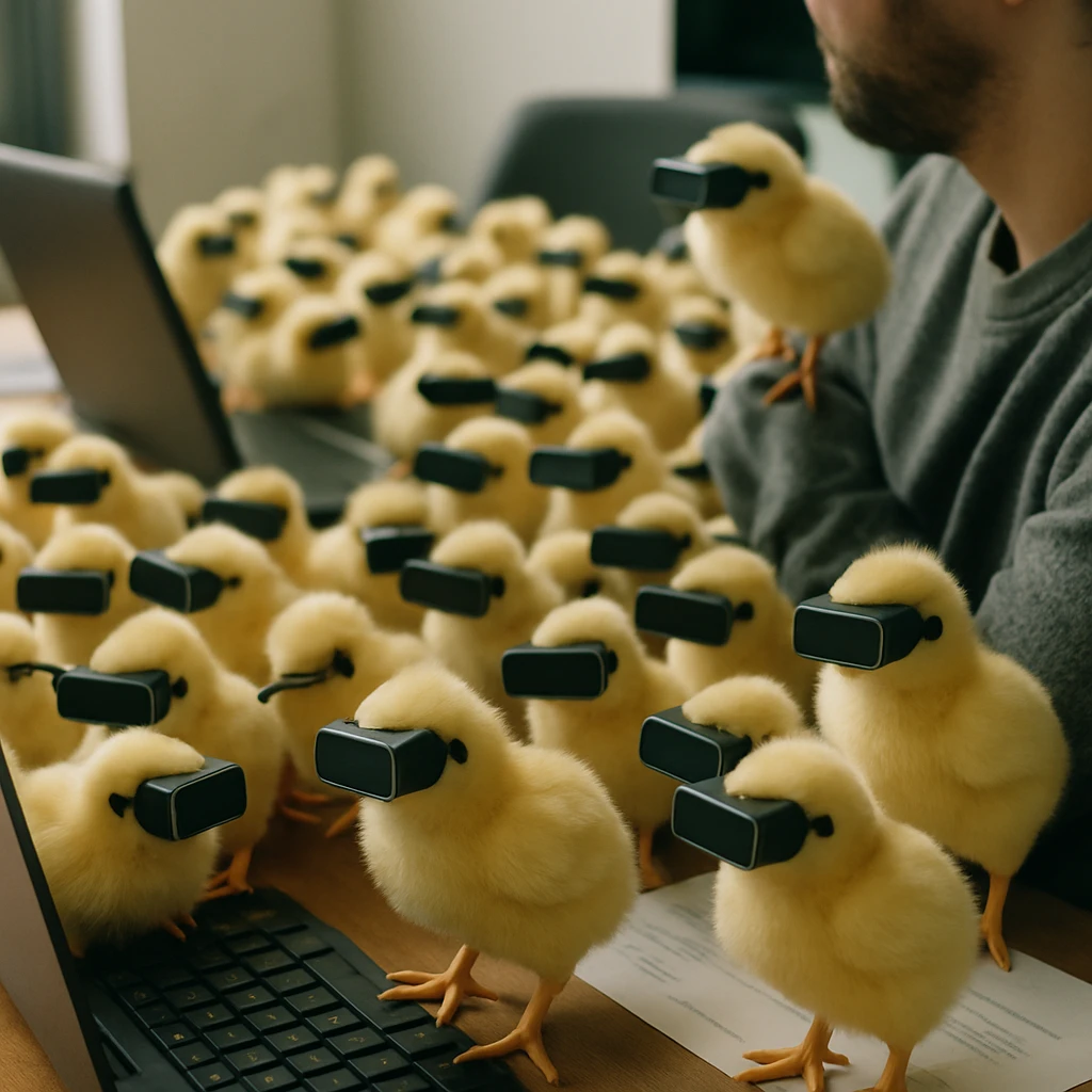 VRヘッドセットを装着した大量の黄色いひよこたちが、オフィスのデスクやパソコンの上に集まっている写真。