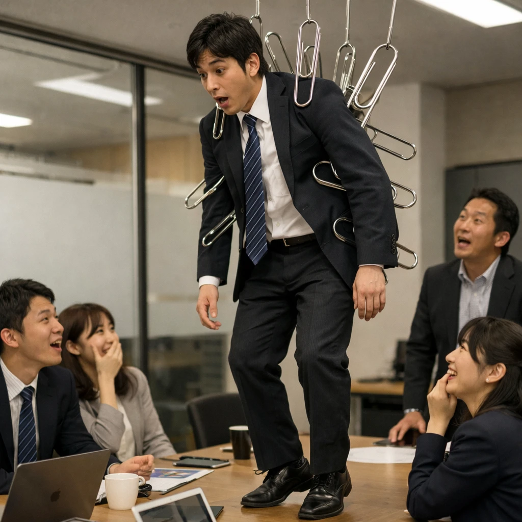 現代的なオフィス会議室で大型クリップに吊り上げられるスーツ姿の若い会社員と驚いた表情の同僚たち。