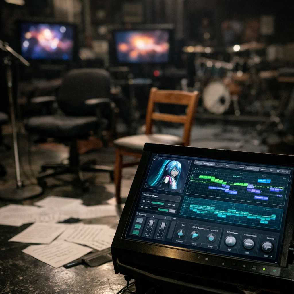 深夜のテレビスタジオで、楽譜やモニターが散らばる中、無人の司会席がぼんやり映る写真。