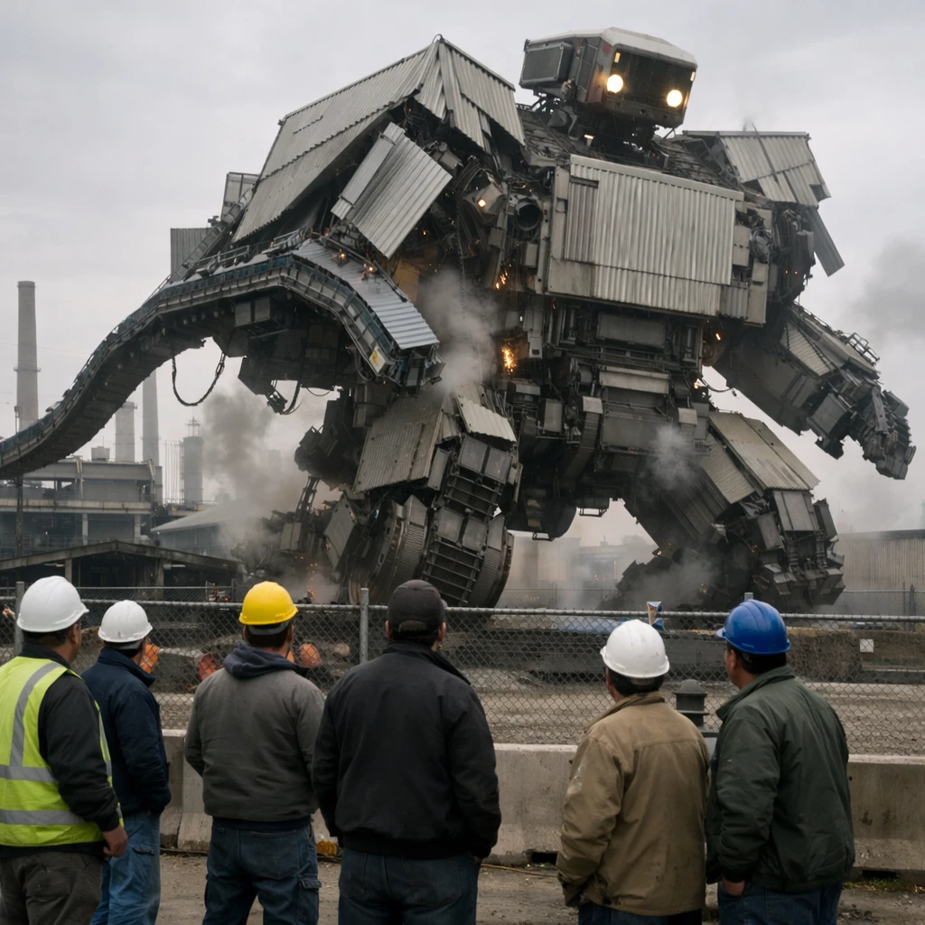 巨大な工場が機械的に折りたたまれ変形し始め、外から驚いた様子で見つめる作業員たちが映る実写風の1シーン。