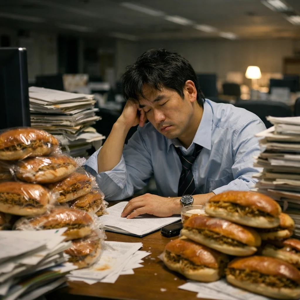 深夜のオフィスで焼きそばパンに囲まれた疲れた会社員がデスクに座っている様子。