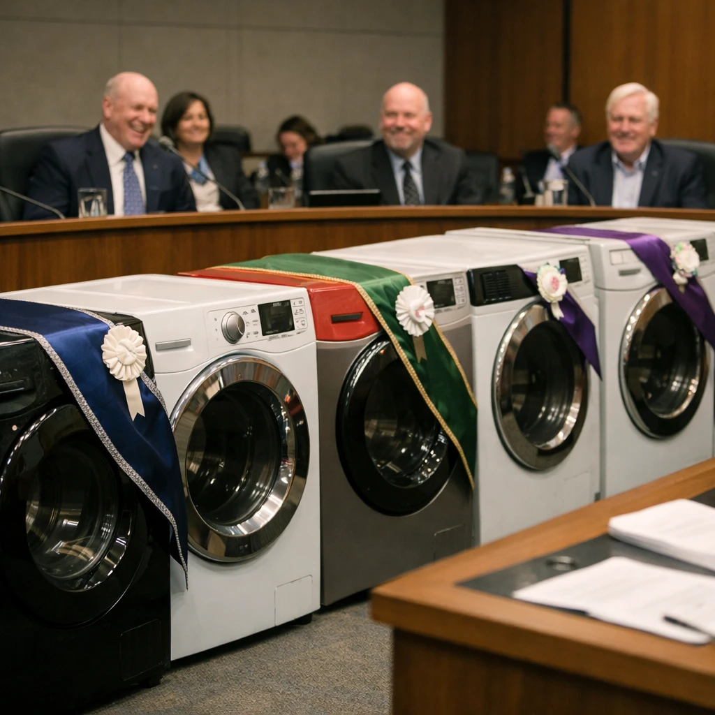 市議会の会議室内でスーツ姿の議員の間に並ぶ名札付き洗濯機たちを写したリアルな写真。