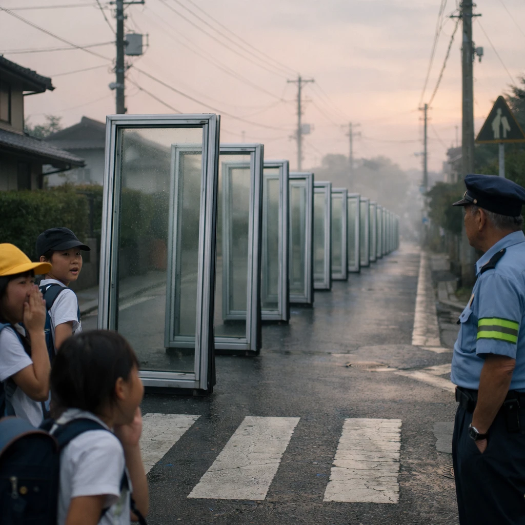 通学路を縦に並んで進む複数の窓ガラスと、それを驚いて見る警備員や児童たちを写した早朝のドキュメンタリー風写真。
