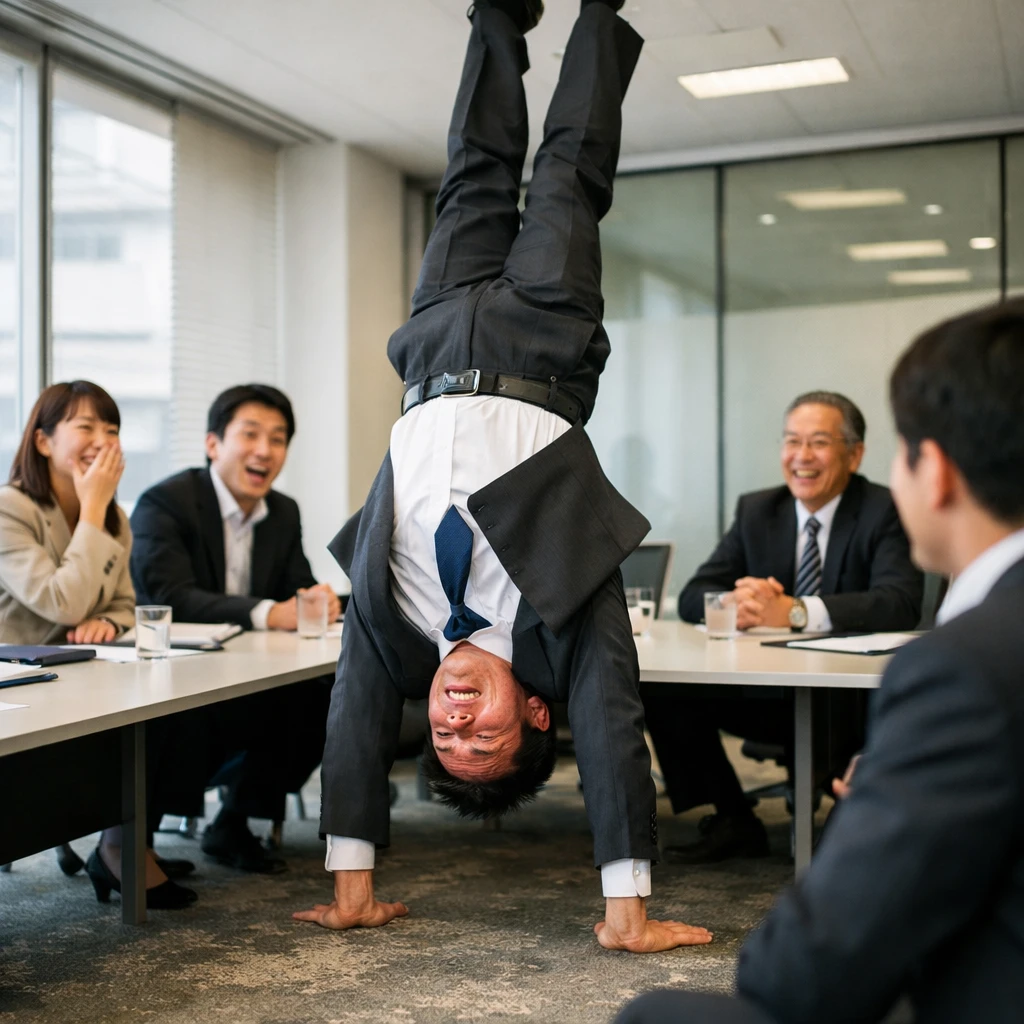 会議室でスーツ姿の社長が逆立ちし、社員たちが驚いた表情で見守る様子の写真。