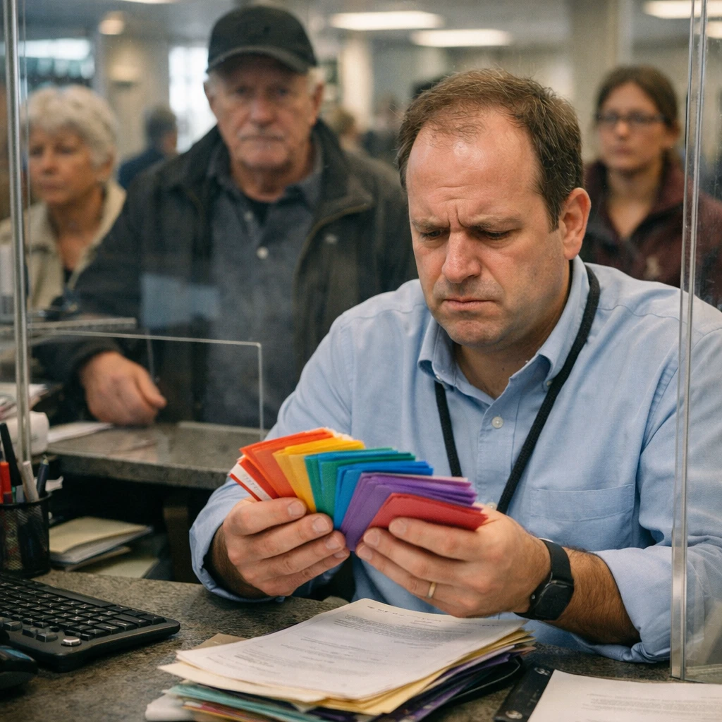 市役所の窓口で職員が虹色の住民票書類を前に困惑している様子の写真。